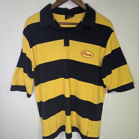 Lazy Oaf Stripy Cheese Mens Oversize Polo Shirt Navy Yellow Size Medium - Picture 1 of 8